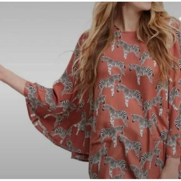 World Market L/XL Zebra Blouse Wide Sleeve Boho Viscose - Picture 4 of 9
